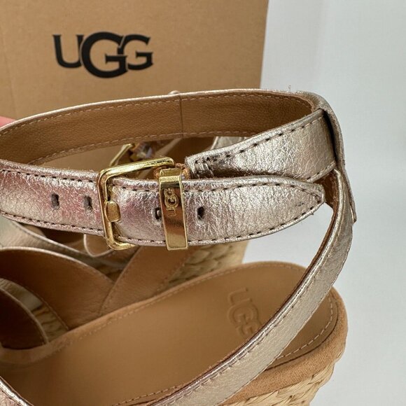 UGG Women's Careena Wedge Espadrille Sandals size 8.5 Gold Pigment Ankle Strap - Picture 6 of 13